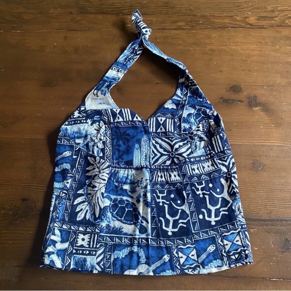Vintage Hilo Hattie Women’s Hawaiian Blue White Cotton Halter Top Festival SMALL - Picture 2 of 10